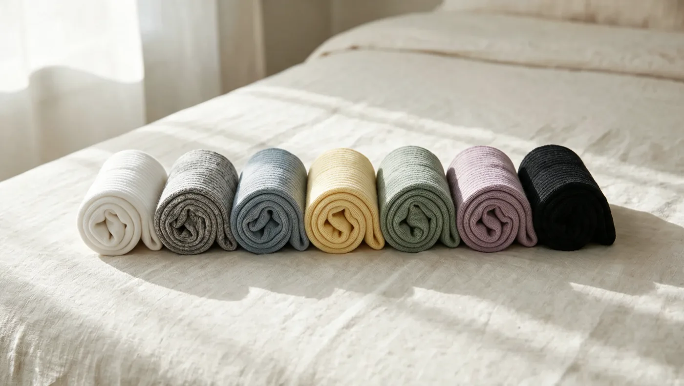 Concept render: seven rolled cotton pairs in soft neutral and deep shades on ivory linen